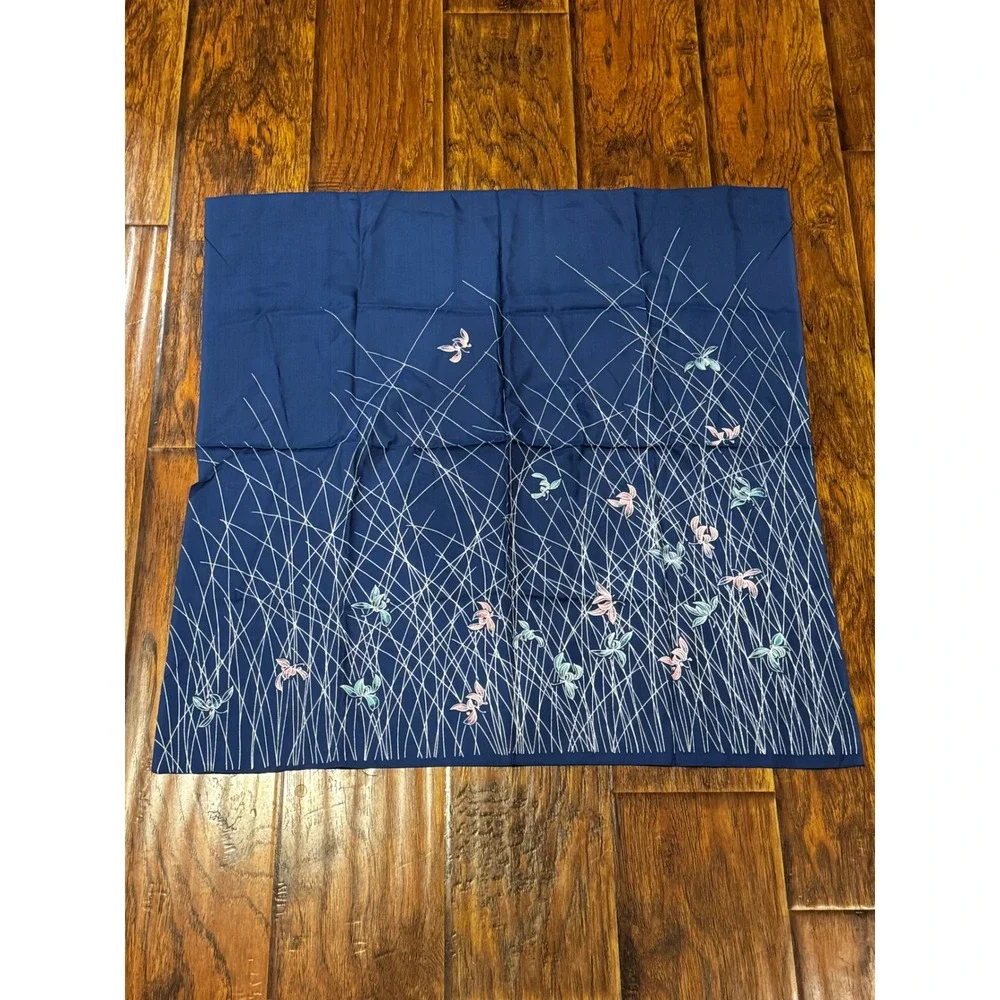 Vintage Japanese Blue Botanical Butterfly Scarf 28